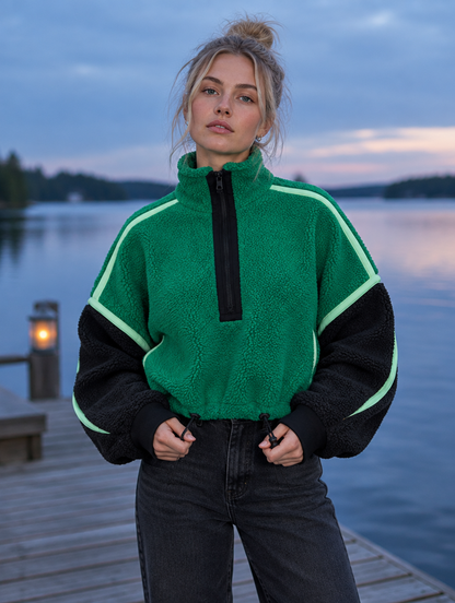 Silky Salt Ridge Half-Zip Sherpa Pullover in Green / Black Colorblock