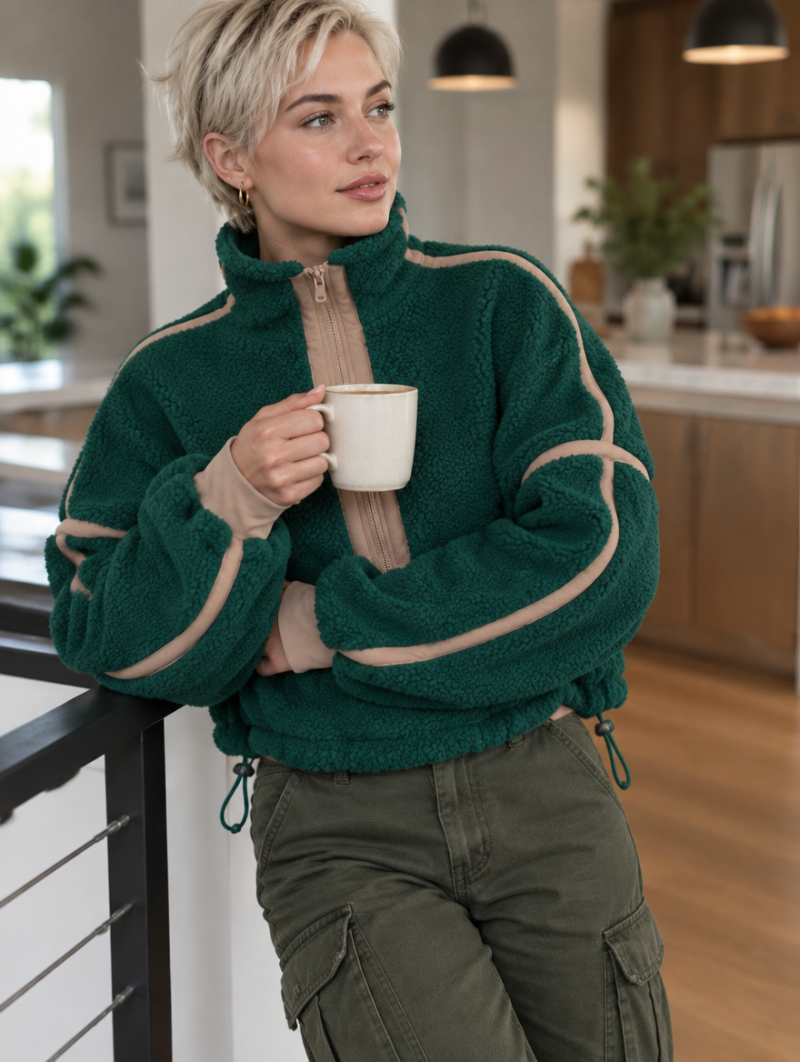 Silky Salt Ridge Half-Zip Sherpa Pullover in Forest Green / Tan