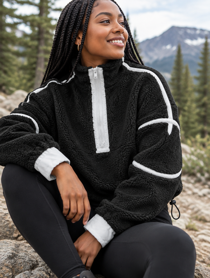 Silky Salt Ridge Half-Zip Sherpa Pullover in Black / White