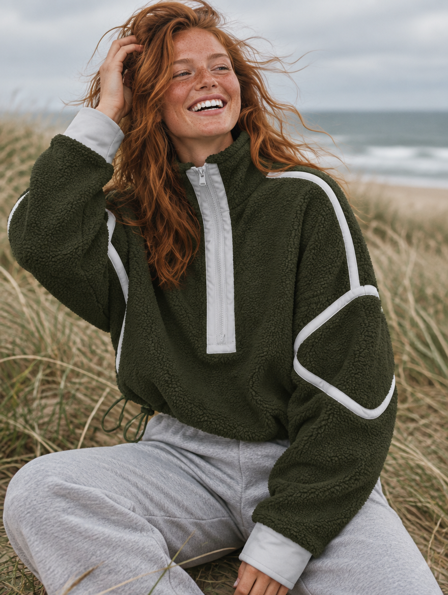 Silky Salt Ridge Half-Zip Sherpa Pullover in Olive / Grey