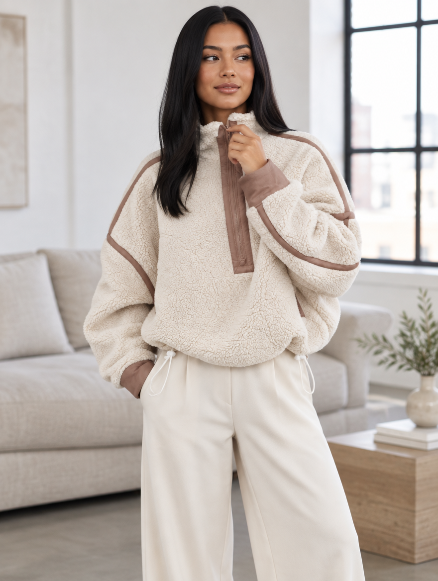 Silky Salt Ridge Half-Zip Sherpa Pullover in Cream / Mocha