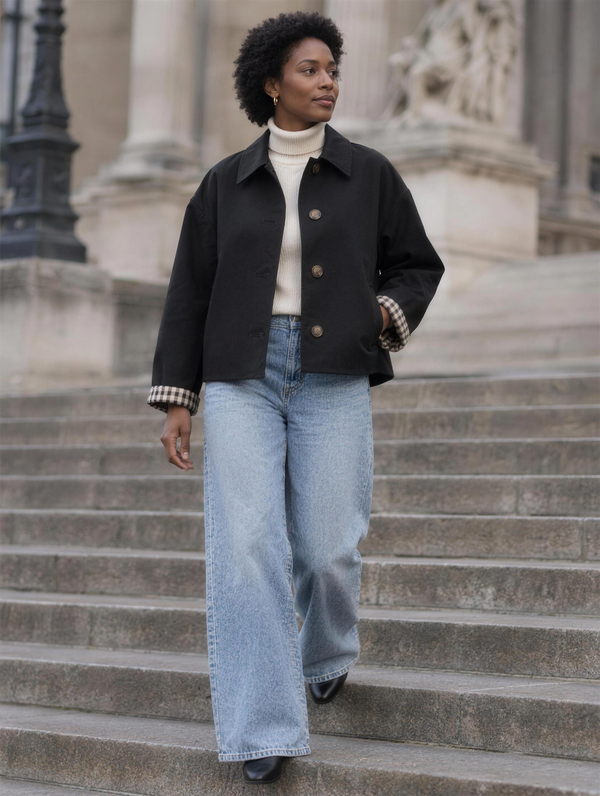 Silky Salt Marlow Cropped Trench Jacket in Black