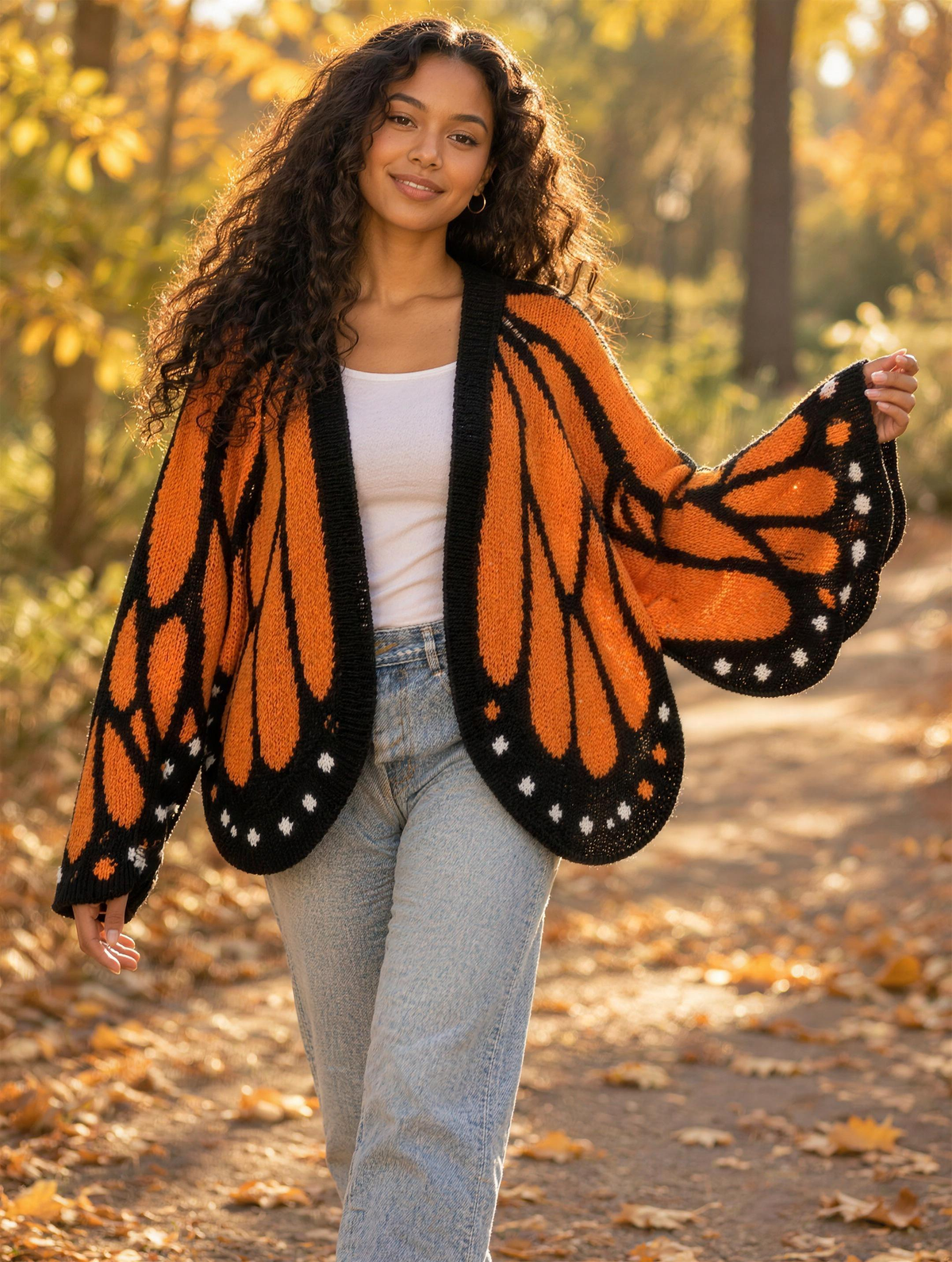 Silky Salt Monarch Butterfly Wing Knit Cardigan in Orange