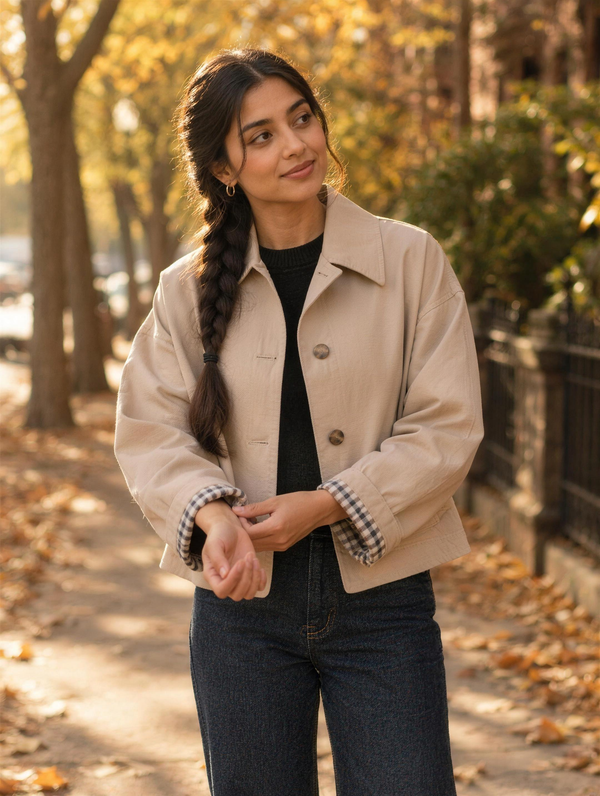 Silky Salt Marlow Cropped Trench Jacket in Khaki