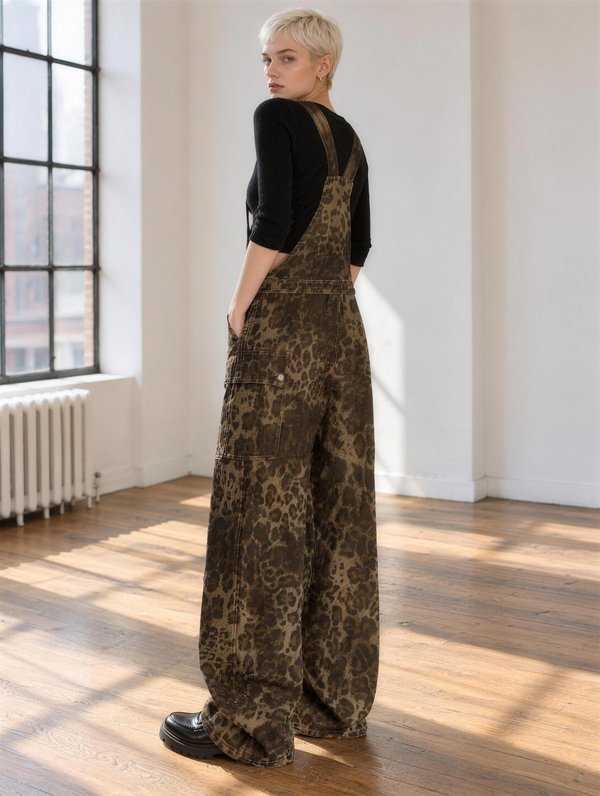 Silky Salt Wilder Leopard Print Denim Overalls, back view