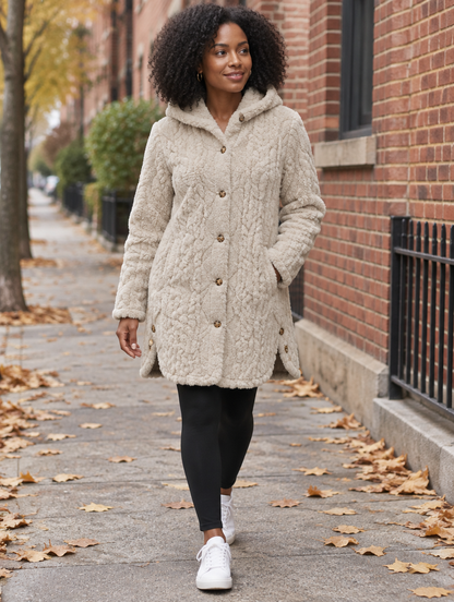 Fern cable-texture plush hooded coat in Oatmeal