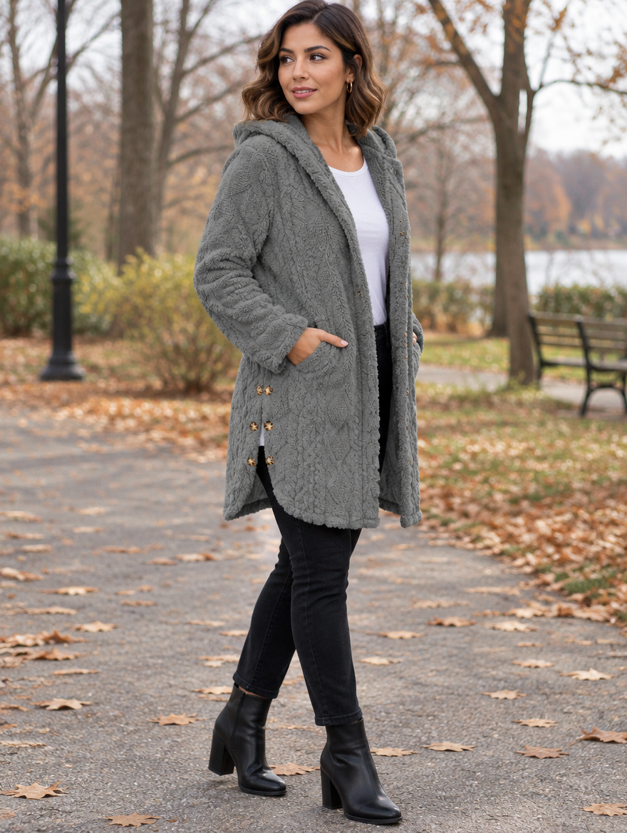 Fern cable-texture plush hooded coat in Grey