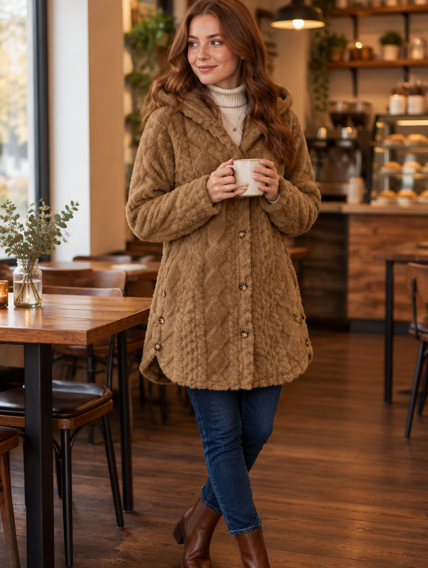 Fern cable-texture plush hooded coat in Camel