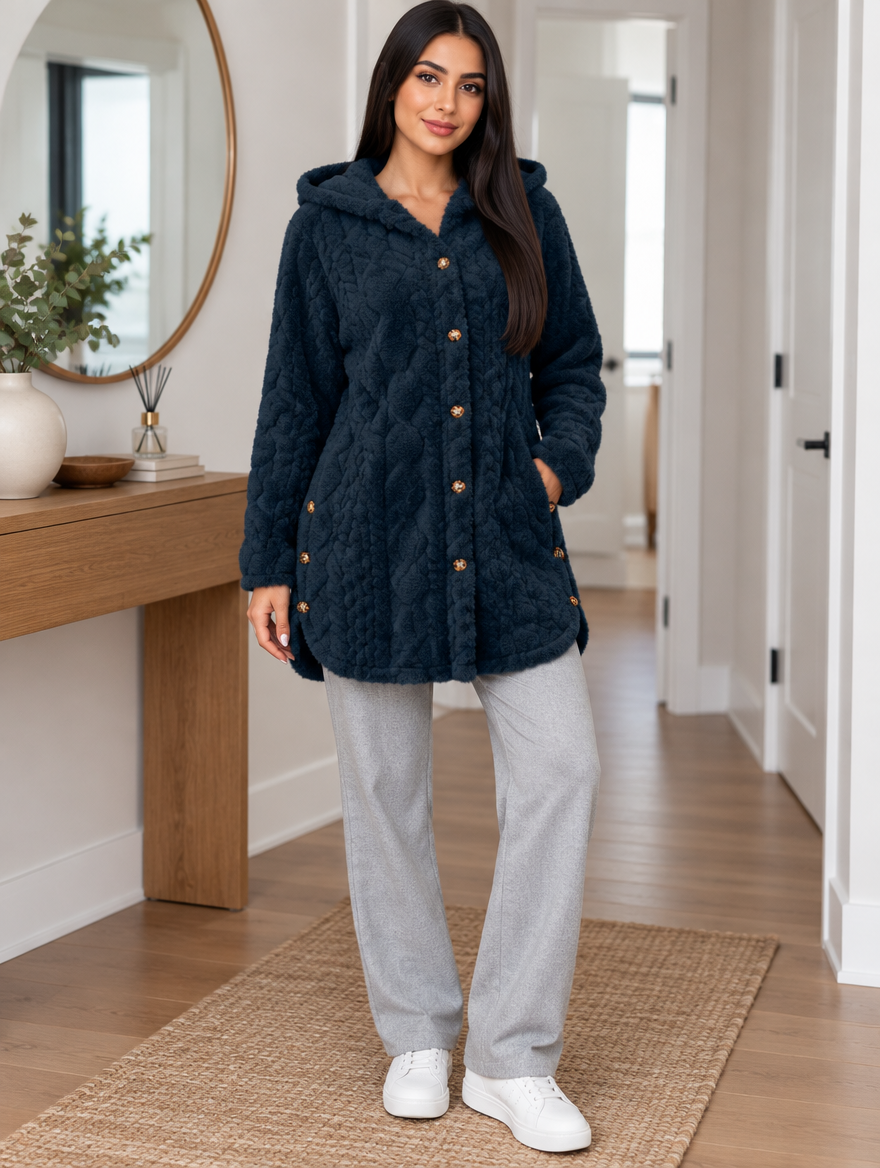 Fern cable-texture plush hooded coat in Navy
