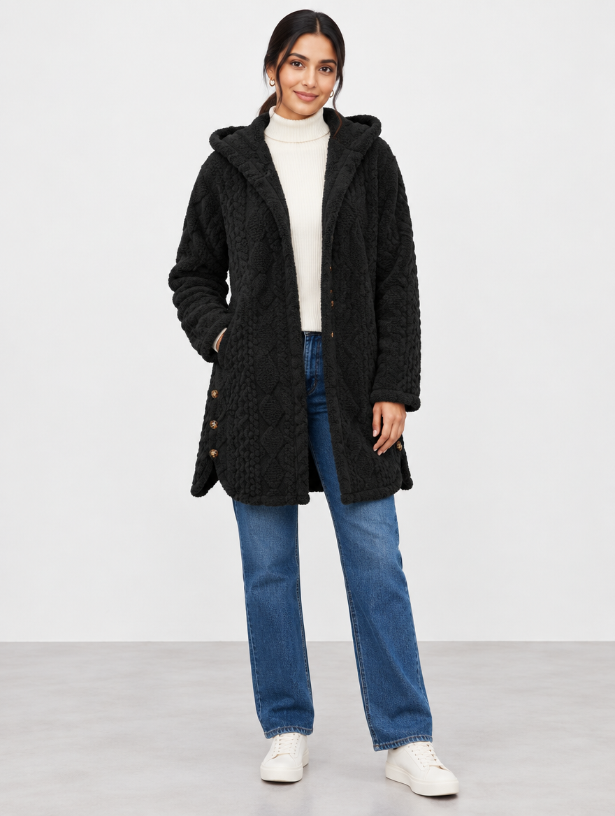 Fern cable-texture plush hooded coat in Black