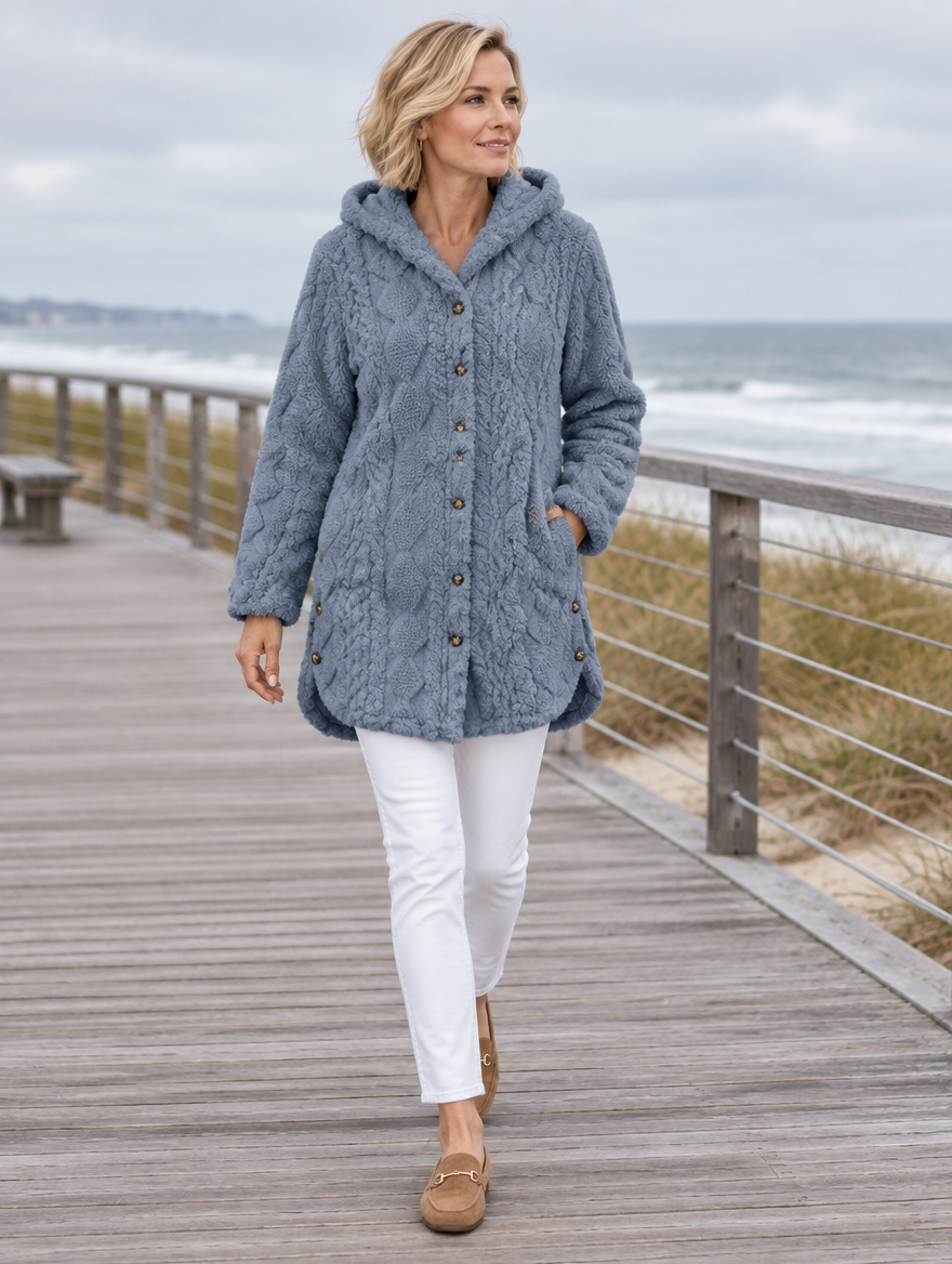 Fern cable-texture plush hooded coat in Dusty Blue