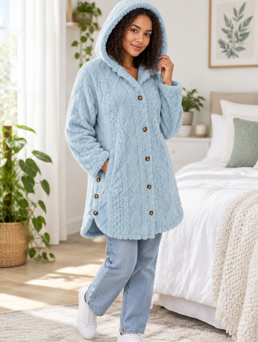Fern cable-texture plush hooded coat in Sky Blue