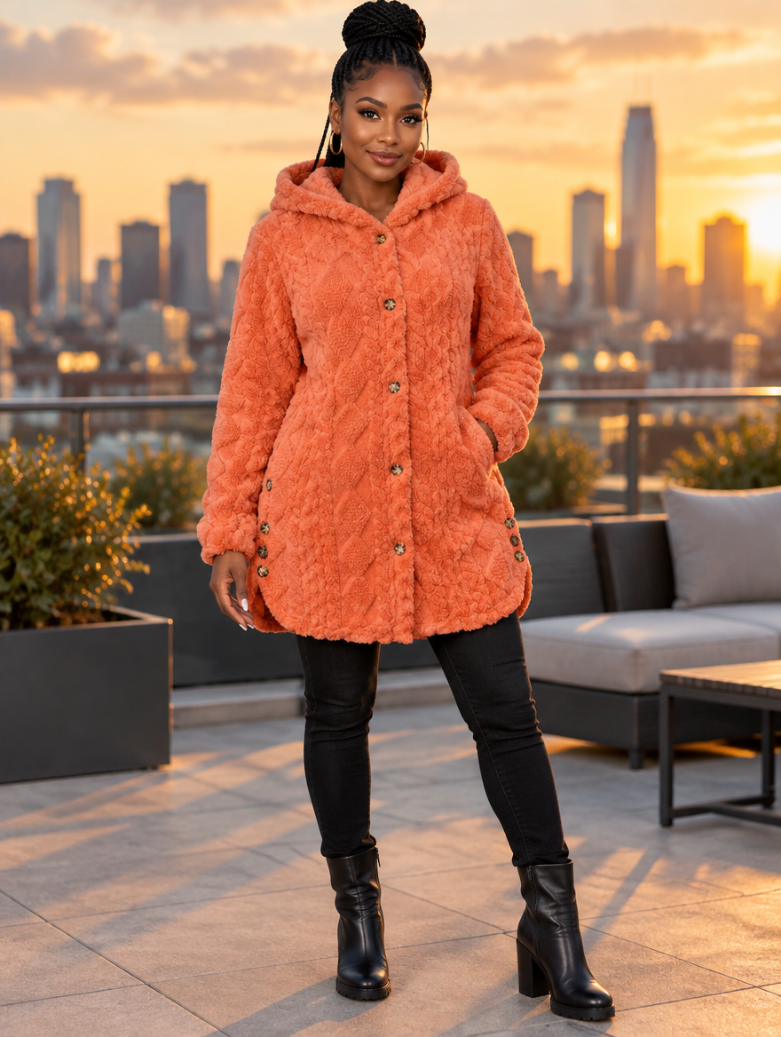 Fern cable-texture plush hooded coat in Coral