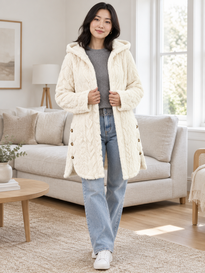 Fern cable-texture plush hooded coat in Ivory