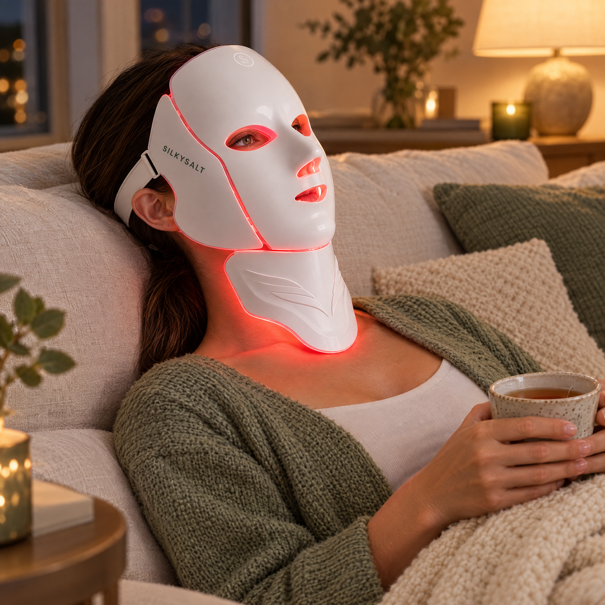 Relaxing on the sofa with the SILKYSALT LED mask