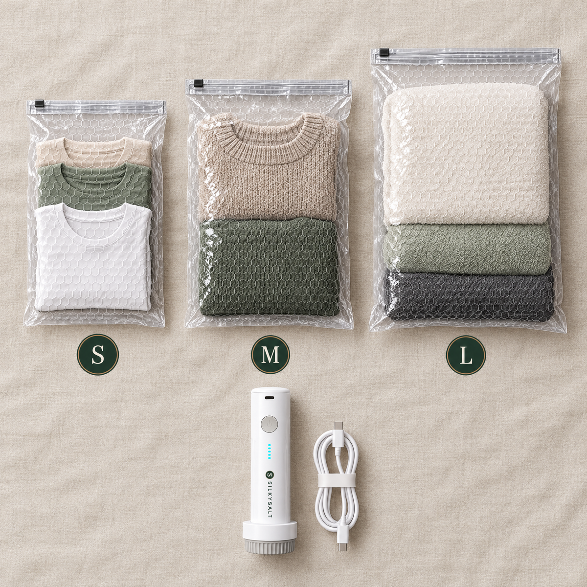 3 bag sizes: S, M, L