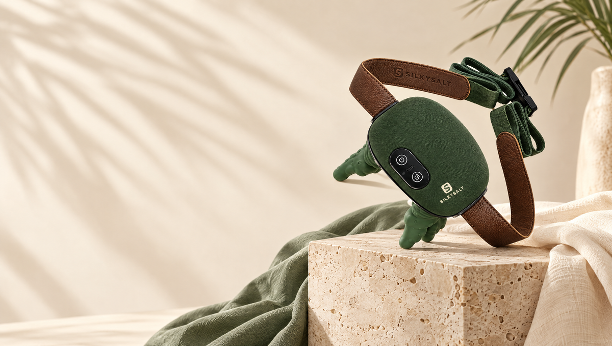 SILKYSALT neck and shoulder massager on a travertine pedestal