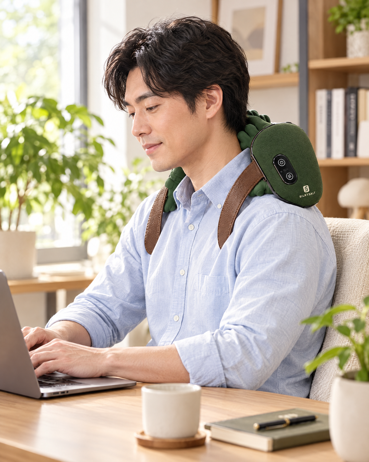 Man working at desk wearing the SILKYSALT massager