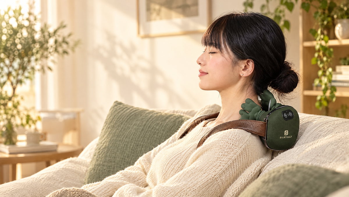 Woman relaxing on sofa wearing the SILKYSALT neck and shoulder massager