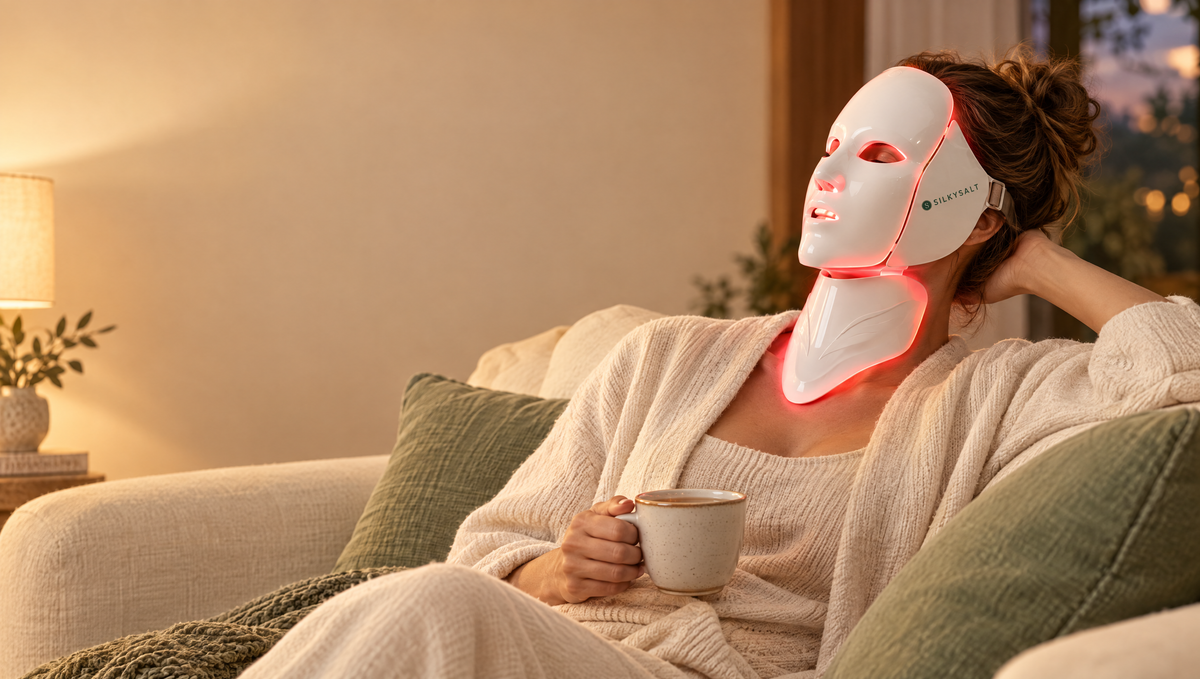 Relaxing at home with the SILKYSALT LED mask