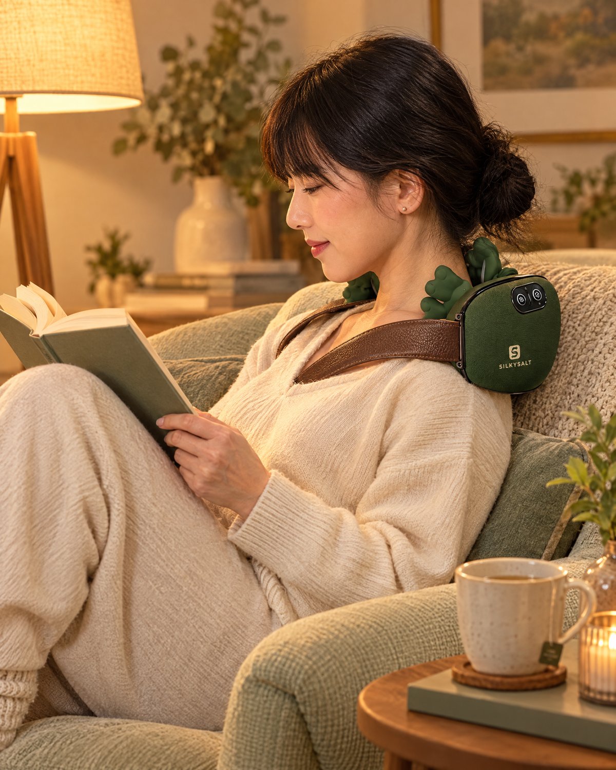 Woman reading in armchair wearing the SILKYSALT massager