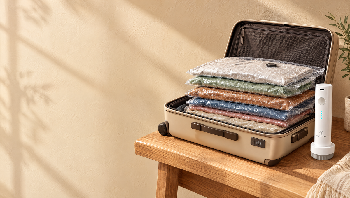 Suitcase packed with SILKYSALT vacuum bags