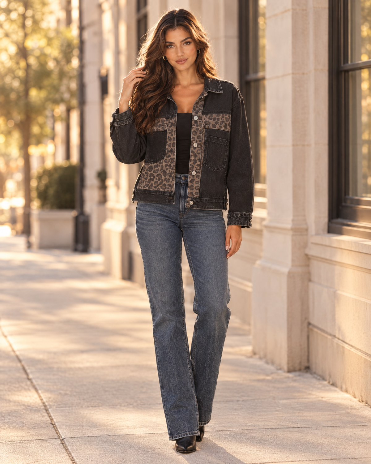 Wildside Leopard Patch Denim Jacket in Black Wash on model