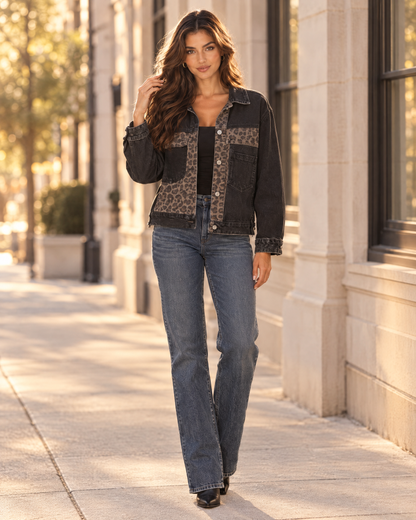 Wildside Leopard Patch Denim Jacket in Black Wash on model